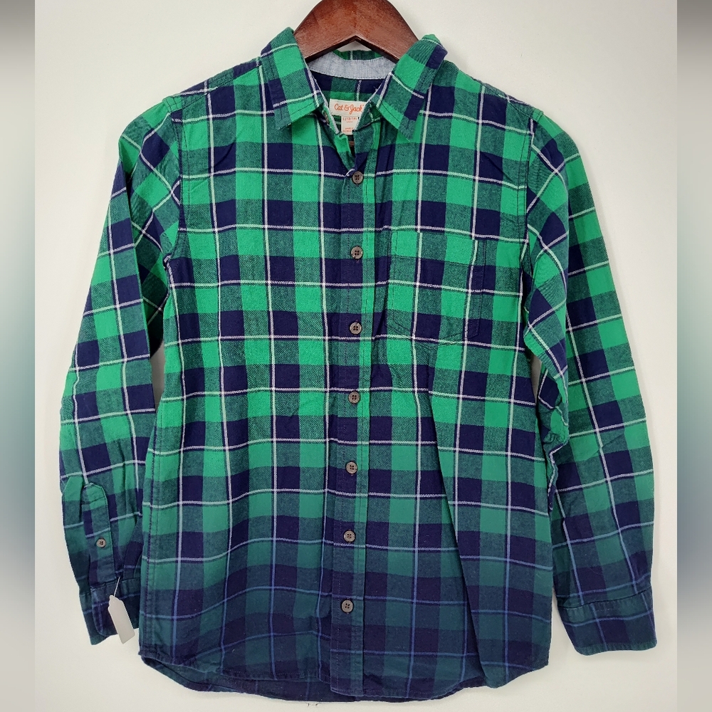 Cat & Jack Boys Green and Blue Checkered Flannel Shirt Size Large 12/14